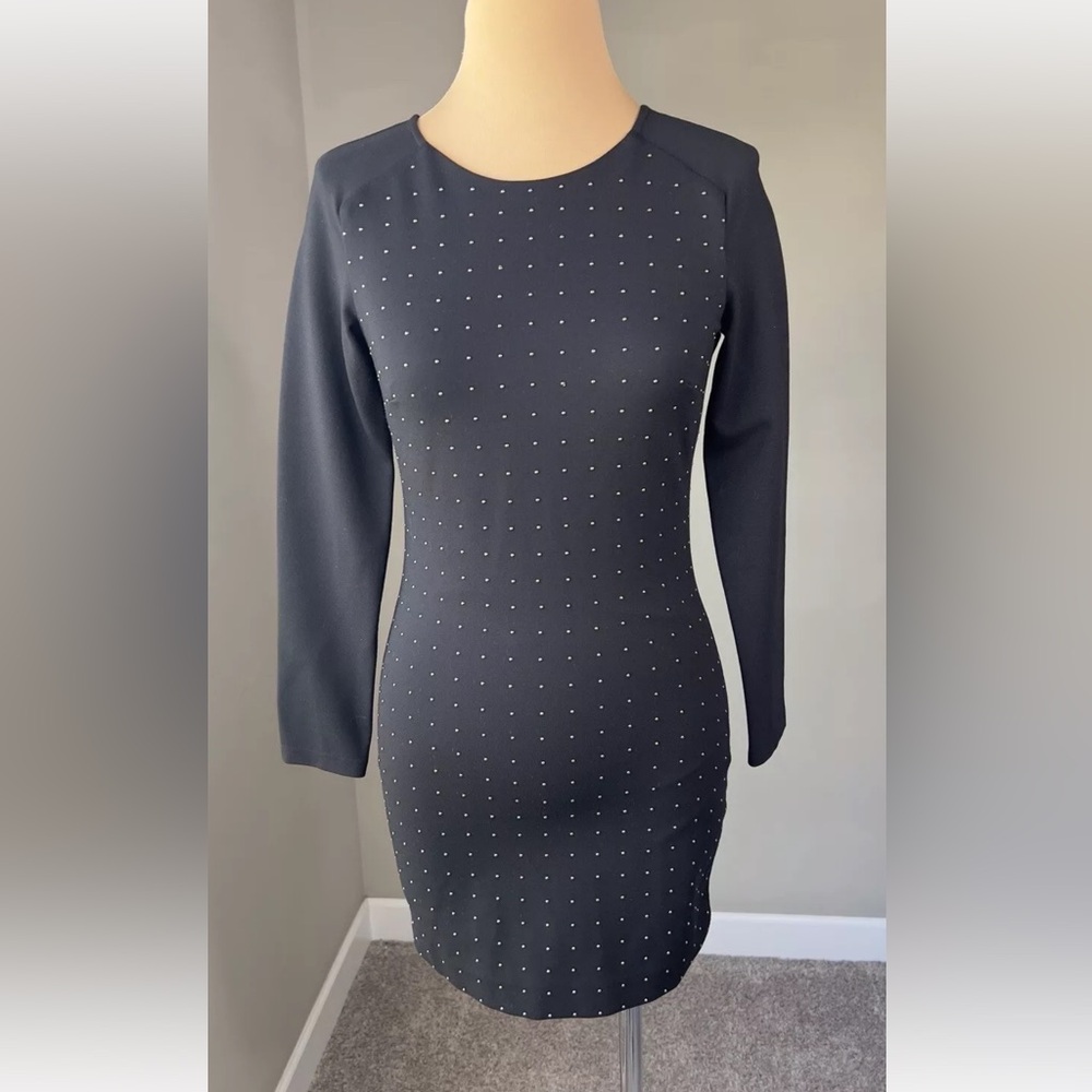 BEBE Black Gothic Embellished Silver Studded Bodycon Mini Club Dress XS